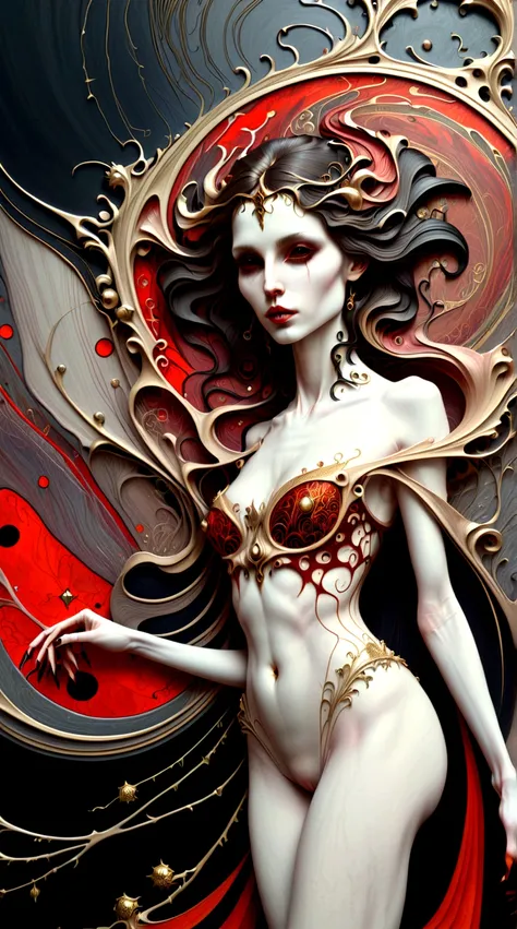 a beautiful illustration of a vampire woman made from an abstract marble texture, with colors of black, red and gold, highly detailed, intricate design, marble material, BY Anne Bachelier,