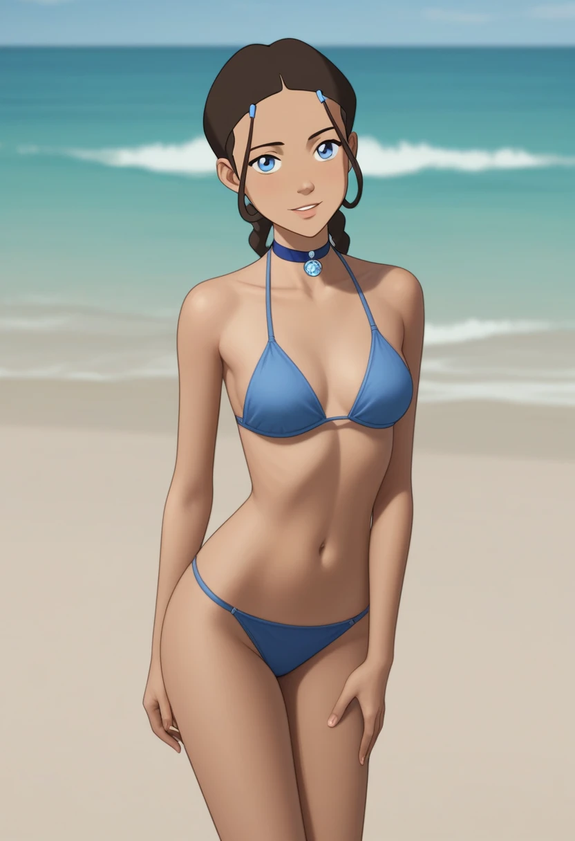 score_9_up, score_8_up, score_7_up, 1girl, solo, mature female, ((Katara)), Latin skin color, brown braided hair, blue eyes, pink lips, parted lips, fit slim body, ((perfect medium erected breast)), (((blue seductive bikini, blue choker))), (((Iceland beac...