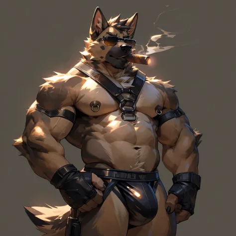 Solo, male, medium muscular, german shepherd, dog, shirtless, black leather jockstrap, jockstrap, leather harness, gun holster, leather fingerless gloves, cigar, cigar in mouth, nipple piercing ((focus body, furry focus, shades focus, body shades)) nice bo...