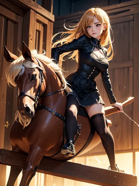 ((((Best Quality, 8K, 32K, masterpiece, 1.2)))),{{solo}},nsfw,{{{Artist: EUPHORIAs style}}},((perfect beautiful face:1.2)),  slender body, wearing gothic dress, wearing fishnet tights, bdsm, ((wooden horse, riding on top of wooden horse:1.2)),((peeing, lea...