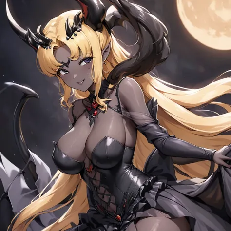 ((Highest quality)), ((masterpiece)), (detailed), （Perfect Face）、The woman is the bride, embracing and kissing the Demon King, the Dark Queen of the Black Moon clan and the Demon Queen, Black Serenity, a sexy female demon princess with jet black skin.、The ...