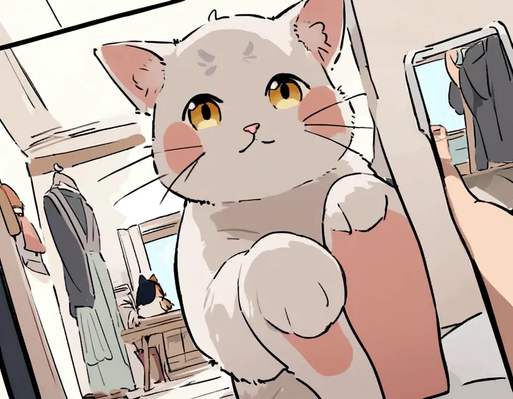 Cat taking selfie with one foot raised, illustrated drawing