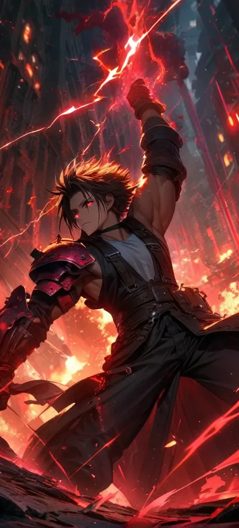 Symetrical,absurdres, highres, ultra detailed, HDR, masterpiece, extremely detailed face and eyes, Genesis raphsodos,final fantasy 7, , , solo, man, handsome, ,, , Epic fight scene,red  lightning effect, glowing glitters, , red flames effect, red aura effe...