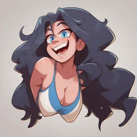 Ralph Bakshi Style, Curvy blue eyed girl with long wavy black hair and small breasts, (partial nudity1).5, (extreme nsfw)2.5, (tits hanging out)1.5, lewd