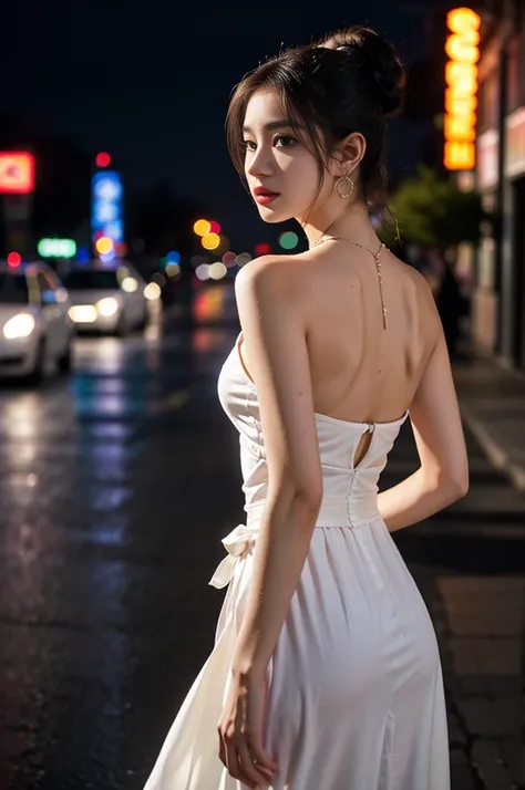 (Standing on a dark street),(road light),(Low lighting),(night),Random posture, (An extremely delicate and beautiful work), (masterpiece), One girl, Girl in a white dress, Very detailed, Waist leak, The ponytail is crooked, Charm expression, beautiful and ...