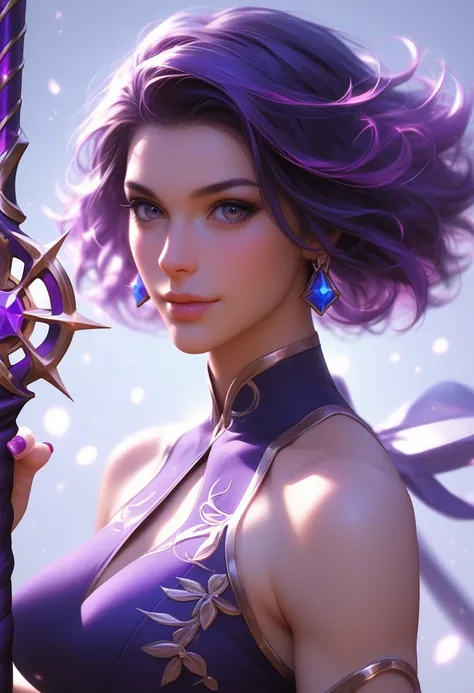 The image depicts a striking anime-style girl character with vibrant purple hair and animal-like features, including what appear to be cat-like ears. The character has a focused, almost melancholic expression, and is holding what looks like a ceremonial sw...