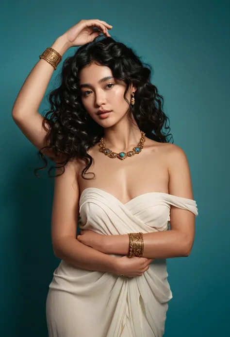 (A half-asian, asian-european, woman with black wavy hair in the style of a greek goddess. bronze skin. Aphrodite, goddess, divine aura) (teal and bronze colours) (high contrast background) (wearing ancient jewellery on upper arms, neck, wrists, fingers) (...