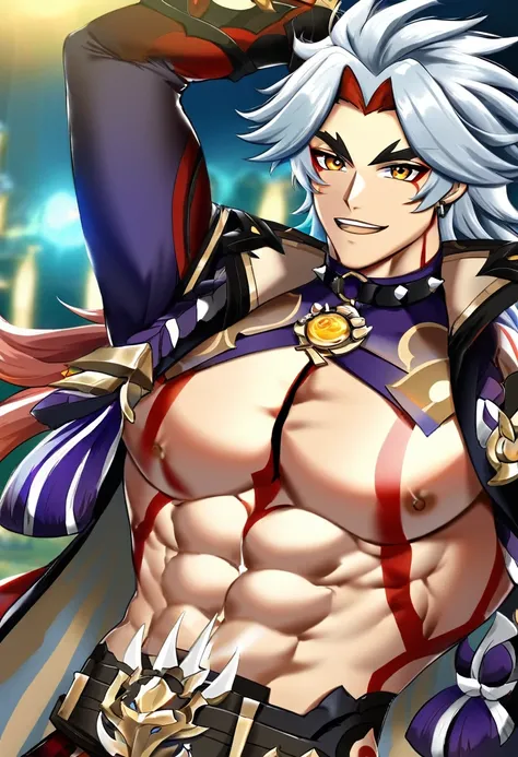 Arataki Itto from genshin impact, A handsome man with a big chest!!! Big chest!!! Big pectorals!!! Round chest!!! Large chest!!! attractive male, sexy masculine, handsome male, oppai, oppai proportions, cinematic lighting, high contrast, vivid colors, 8k, ...