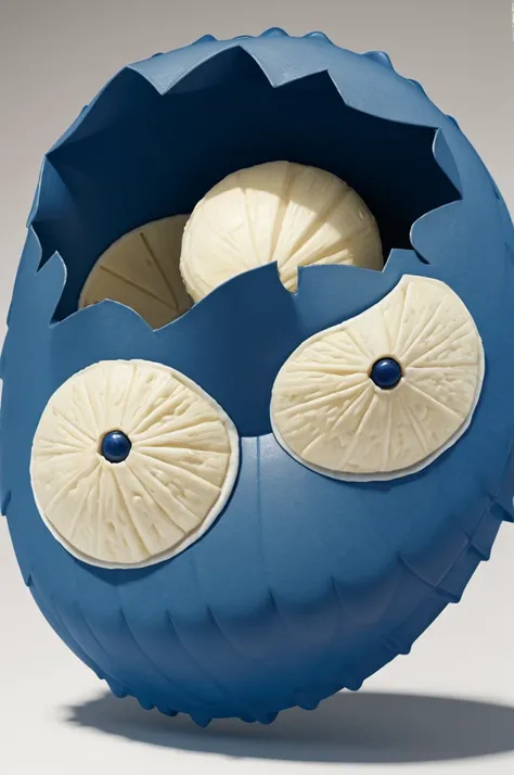 Give me a two-sided promotion chomp that looks like the one from monsters inc but with dark blue cream colors and a little wine shell 