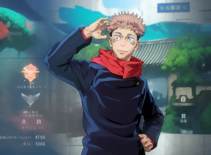 masterpiece, best quality, 1boy, itadori yuuji, pink hair, spiked short hair, undercut, brown eyes, facial mark, red hoodie, gakuran, jacket, upper body, solo, looking at viewer, smile, simple background best quality, high resolution, distinct image, Cinem...