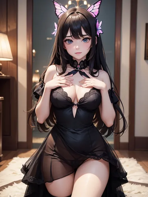 ((((Best Quality, 8K, 32K, masterpiece, 1.2)))),{{solo}},nsfw,{{{Artist: EUPHORIAs style}}},((perfect beautiful face:1.2)),  in love hotel, wearing butterfly dress, netorare, netorare face, spreading pussy with fingers, embarrassed, high quality of vagina,...