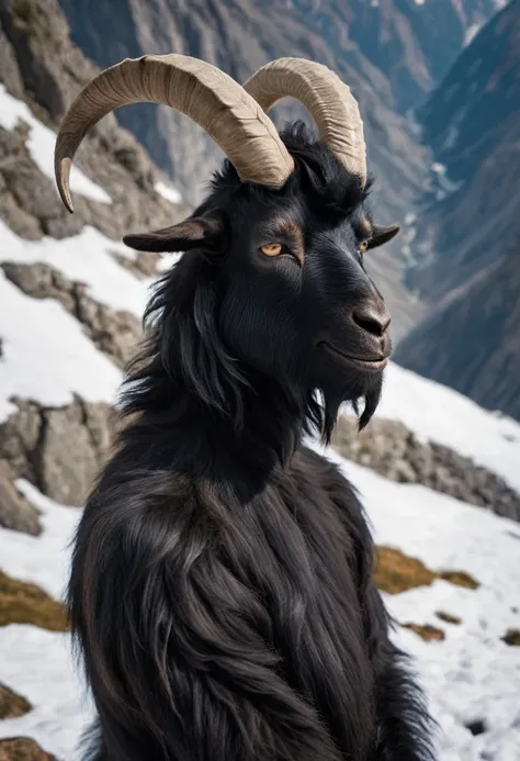 a man wearing a black goat head. goat face. black goat hair. goat. goats wear goat wool. the goat's body is black. the mythical ...