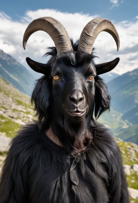 a man wearing a black goat head. goat face. black goat hair. goat. goats wear goat wool. the goat's body is black. the mythical ...