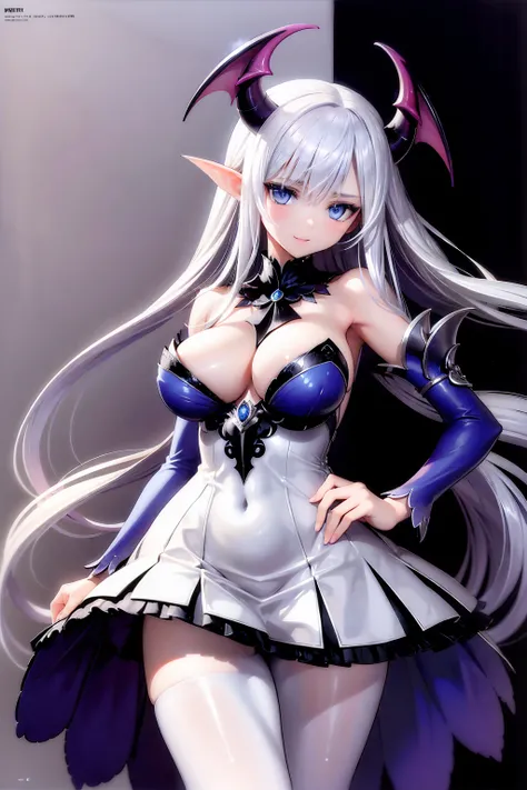 (((1 demoness))), ((detailed blue eyes)), ((long silver hair)), large breasts, curvy hips, perfectly drawn body, seductive smile, white dress, adorned with blue roses, casting spells, best quality, masterpiece, ultra-detailed