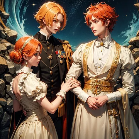 Fantasy prince orange hair and victorian beige clothes green eyes delicate scottish Effeminate looking at the stars 