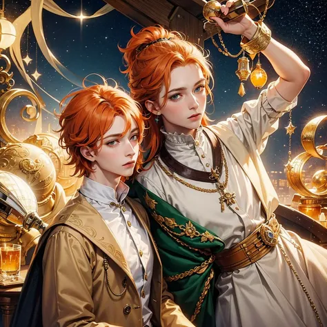 Fantasy prince orange hair and victorian beige clothes green eyes delicate scottish Effeminate looking at the stars 