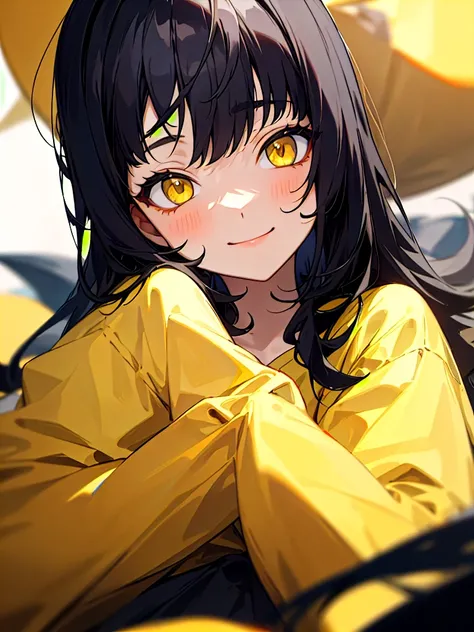 (masterpiece, best quality),1girl, black hair, yellow eyes, black pijama, smiled,