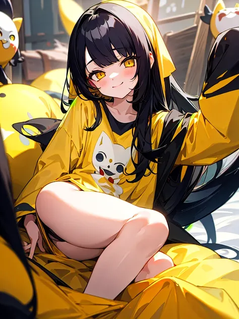 (masterpiece, best quality),1girl, black hair, yellow eyes, black pijama, smiled,