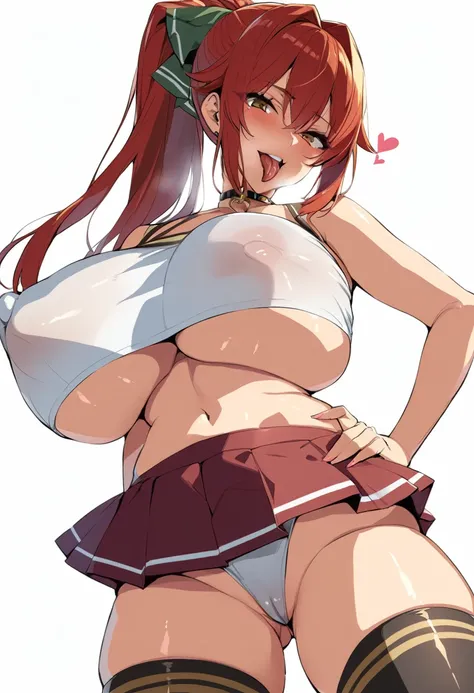 masterpiece, best quality, 1girl, breasts, thighhighs, solo, skirt, tongue, tongue out, red hair, navel, long hair, choker, blush, black thighhighs, covered nipples, ponytail, looking at viewer, brown eyes, underboob, hand on hip, heart choker, white backg...