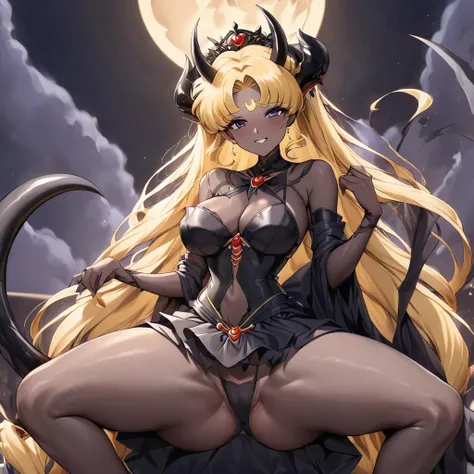 ((Highest quality)), ((masterpiece)), (detailed), （Perfect Face）、The woman is lying on her back on a luxurious bed, lifting her skirt and spreading her legs, seducing the demon king with sex. She is the demon queen Black Serenity, the dark queen of the bla...