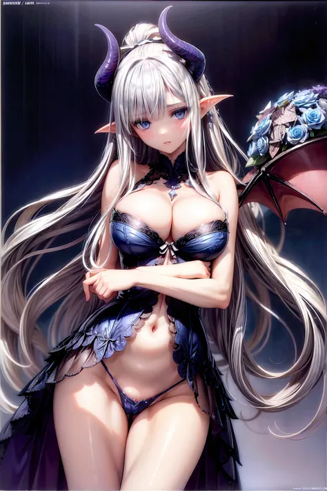 (((1 demoness))), ((detailed blue eyes)), ((long silver hair)), large breasts, curvy hips, perfectly drawn body, seductive, white lingerie, adorned with blue roses, best quality, masterpiece, ultra-detailed