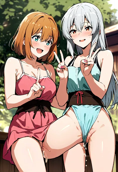 Two Women, Asuka Shikinami and Rei Ayanami, Having anal sex outdoors、Anal Release, smile, excited, incontinence, Double Peace Sign