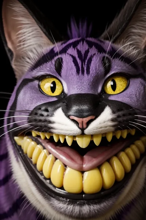 Cheshire cat with mouth slightly open and yellow teeth 