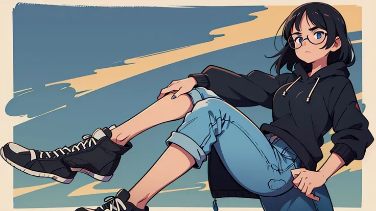 ultra high quality, solo, a woman with a round face, blue eyes, wearing big black glasses, slightly choppy medium length hair, wearing a long black hoodie and jeans, sneakers on her feet standing