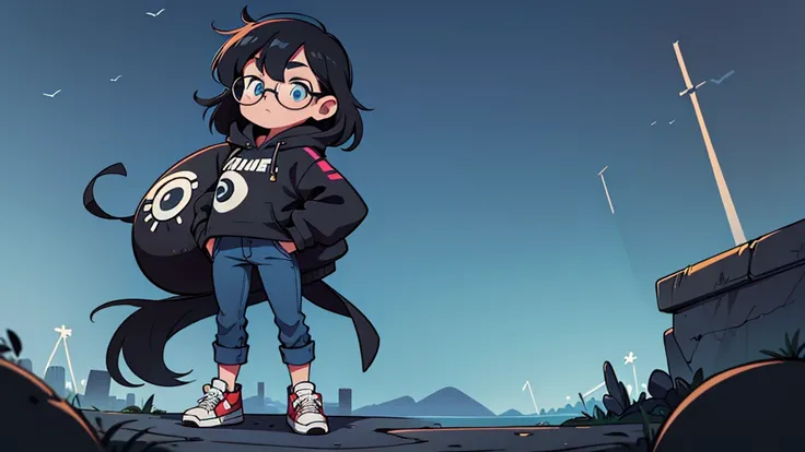 ultra high quality, solo, a woman with a round face, blue eyes, wearing big black glasses, slightly choppy medium length hair, wearing a long black hoodie and jeans, sneakers on her feet standing