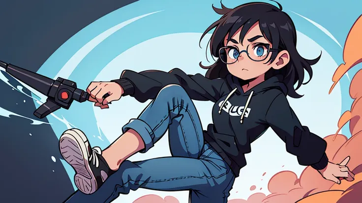 ultra high quality, solo, a woman with a round face, blue eyes, wearing big black glasses, slightly choppy medium length hair, wearing a long black hoodie and jeans, sneakers on her feet standing