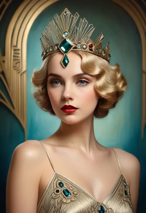 blonde woman with art deco crown, in the style of Elifcan, fantastic studio lighting, oil on canvas, beautiful details, sharp quality