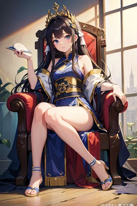 masterpiece, Highest quality, High resolution，Follow the on-screen instructions、Anime Style、One Girl、Princess、cute、Beautiful girl with long hair、Sitting on the throne、Her panties are visible in the wall background、Oshu Style