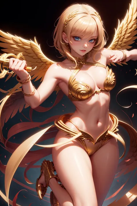 golden angel goddess with wings, blondie hair, perfect hands, golden shine, fictional figure body hands on waist, sexy movement pose, swords around the body