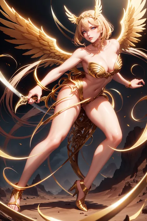 golden angel goddess with wings, blondie hair, perfect hands, golden shine, fictional figure body hands on waist, sexy movement pose, swords around the body