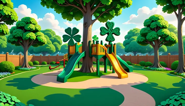  illustration, 3d, cartoon, shamrock, CELTIC CROSS, CELTIC KNOT, high resolution, high quality, detailed, masterpiece, hdr, sharp, a beautiful playground with trees and toys, [Biophilic Design style],[ abbe bi style], BREAK score_9, score_8_up, score_7_up,...