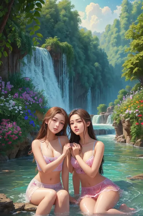 Two women sit in the water with their heads together, alena aenami and lilia alvarado, Magali Villeneuve and Monet, after rain and no girls, realistic art style, Super realistic painting style, sakimichan frank franzzeta, beautiful digital artwork, realist...