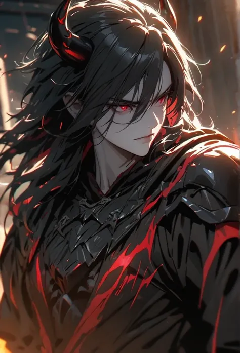 (solo), demon lord, masculine, black hair, messy hair, mane hair, medium hair, a man bun with long hair, dense hair, wild hair, ...