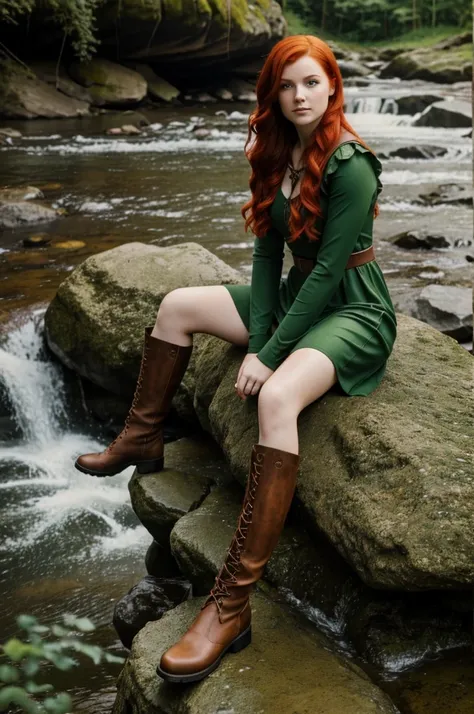 A girl with red hair and green eyes, sitting on a rock on a waterfall. She is wearing a medieval green dress with brown leather boots