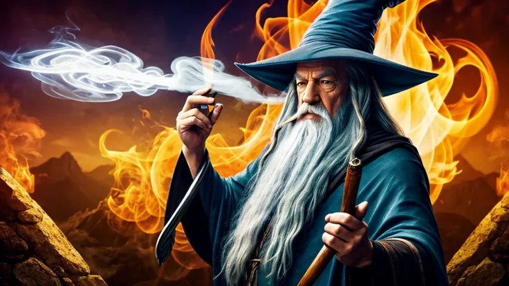 a Gandalf-like wizard smoking a pipe with lots of smoke and a psychedelic background