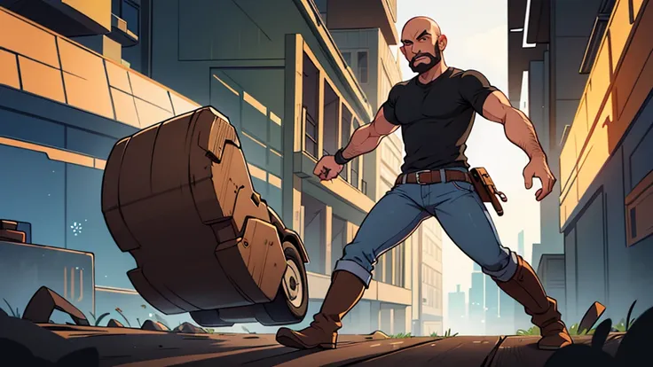 ultra high quality, solo, tall lean man, angular face, bald, kind brown eyes, full black beard, wearing a gray shirt and jeans with cowboy boots, standing