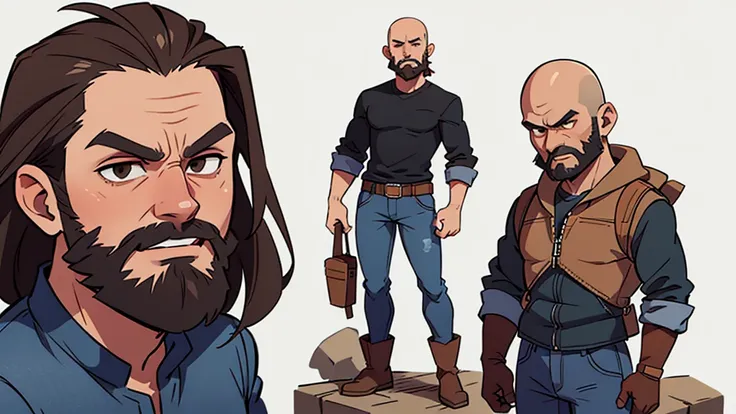 ultra high quality, solo, tall lean man, angular face, bald, kind brown eyes, full black beard, wearing a gray shirt and jeans with cowboy boots, standing