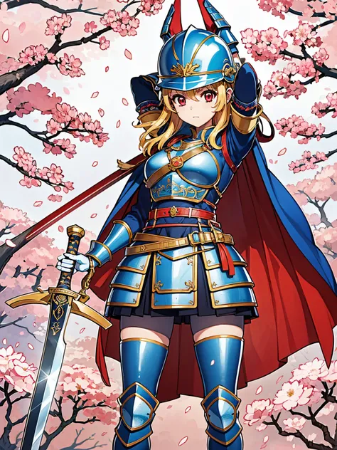 Solitary, 1 girl, Keep, arms, , sword, cape, armor, warrior刀, helmet, Gloves, sheath, japanese armor, full armor, warrior，Cherry Blossoms，Cherry blossom petals flying background（（（masterpiece）））， （（best quality））， （（Intricate details））（8K）