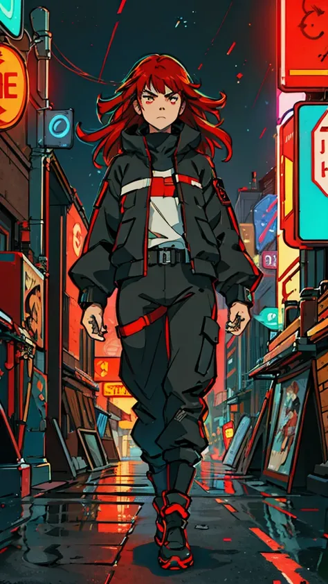 ((Best quality)) ((Detailed)) A cinematographic scene of a serious badass long red hair girl with black techwear clothes, Neon lights and buildings background
