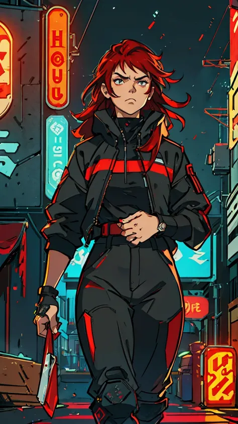 ((Best quality)) ((Detailed)) A cinematographic scene of a serious badass long red hair girl with black techwear clothes, Neon lights and buildings background
