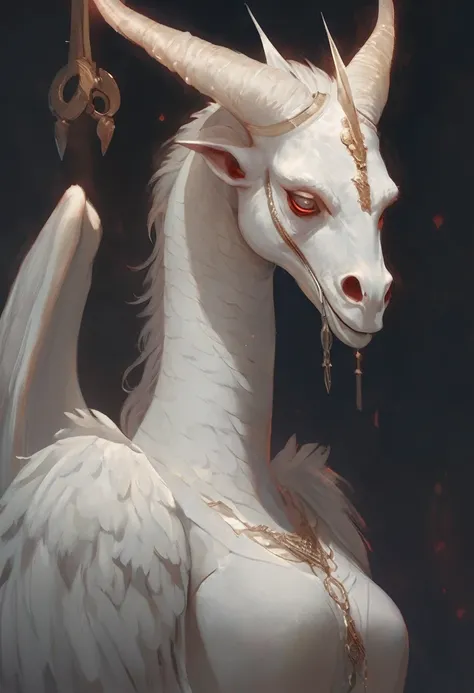 Diabolical creature. be half angel, half devil. long neck. pale white skin. unhealthy appearance. dnd character. portrait dnd.