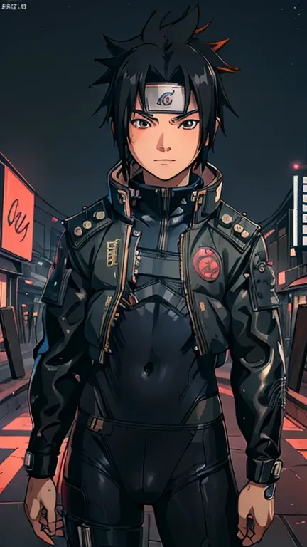 (8k),(masterpiece),(Japanese),(13-year-old boy),((innocent look)),((Childish)),From the front,smile,cute,Innocent,Kind eyes,Flat chest, Uchiha Sasuke wearing Cyberpunk Bodysuit,Short,Hair blowing in the wind,Black Hair,Strong wind,night,dark, Neon light cy...