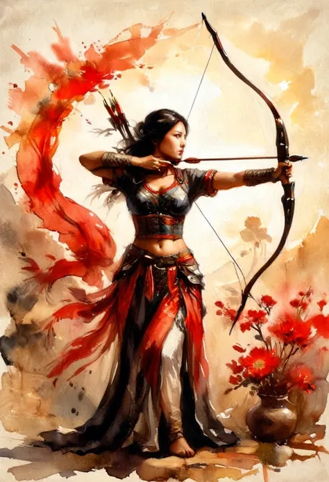 a Chinese  watercolor illustration (using Black, white and red colors only) of a exquisite beautiful female archer, (silhouette artwork: 1.3), aiming a bow, holding the (composite masterwork bow: 1.3)  perfectly, ready for action as the sun rises, fantasy ...