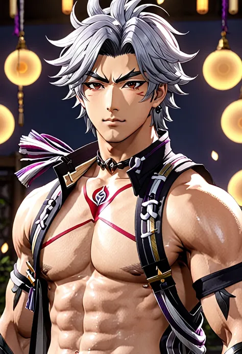 Arataki Itto from genshin impact, A handsome man with a lot of cum on his chest!!! Big chest!!! Big pectorals!!! Round chest!!! Big nipples!!! Large chest!!! attractive male, sexy masculine, handsome male, oppai, oppai proportions, cinematic lighting, high...