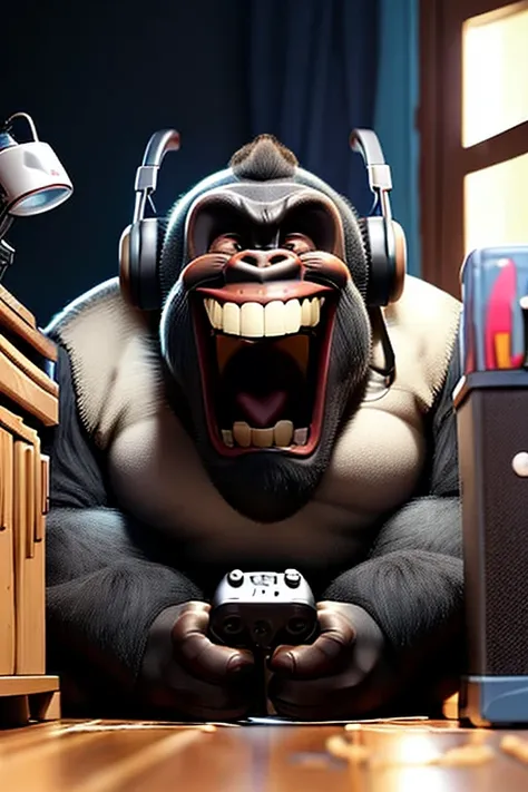 a gorilla wearing a headset sitting on the floor with a video game controller in one of his hands, he is laughing, happy, smilin...