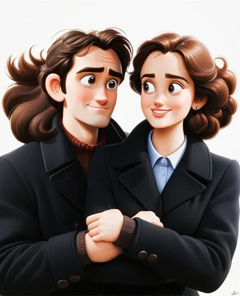 (disney pixar style:1.2) (Cute adorable girl:1.1) (adult aged 20:1.15), um casal, dressed in a black coat, are embraced in a warm embrace, The woman, positioned on the left side of the frame, long time, curly brown hair . her right arm is draped over The m...